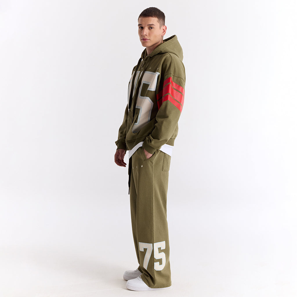 Haki 75 Baskılı Kapüşonlu Fermuarlı Oversize Sweatshirt