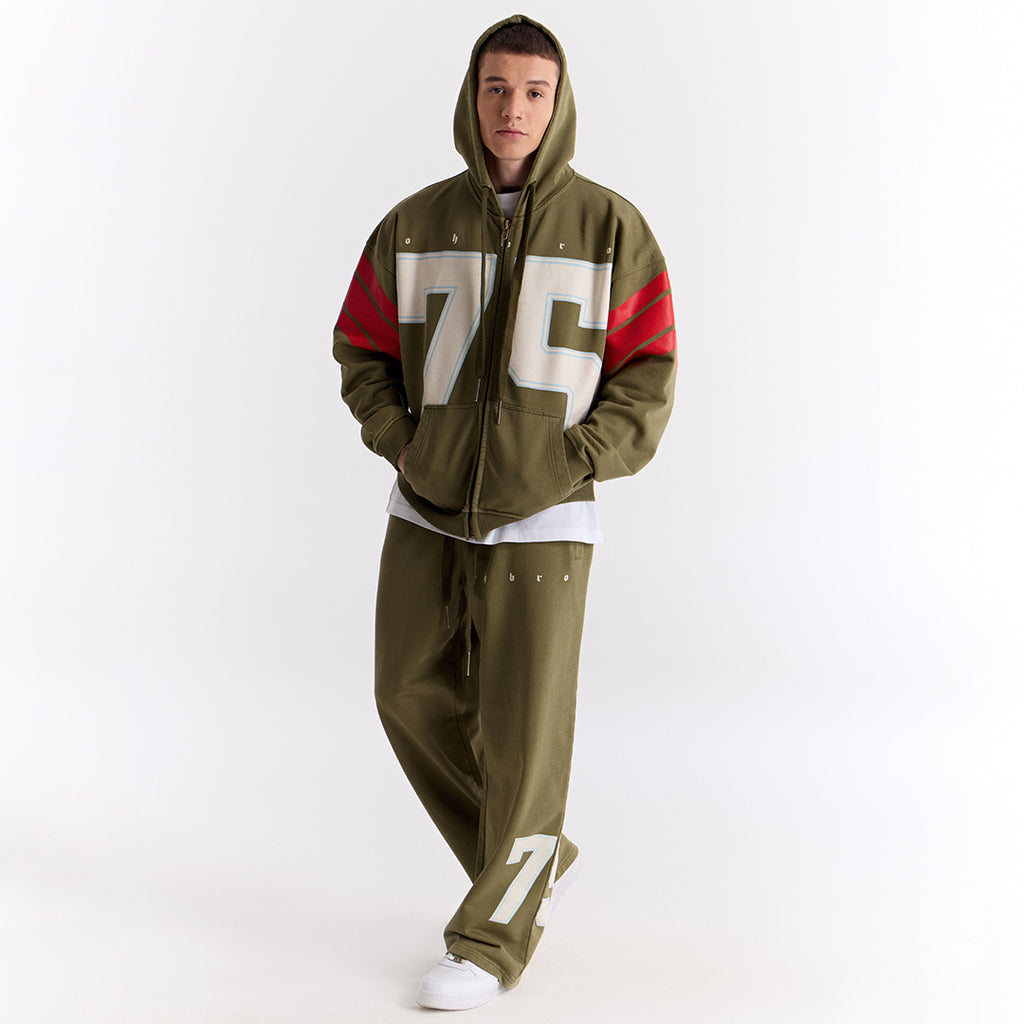 Haki 75 Baskılı Kapüşonlu Fermuarlı Oversize Sweatshirt
