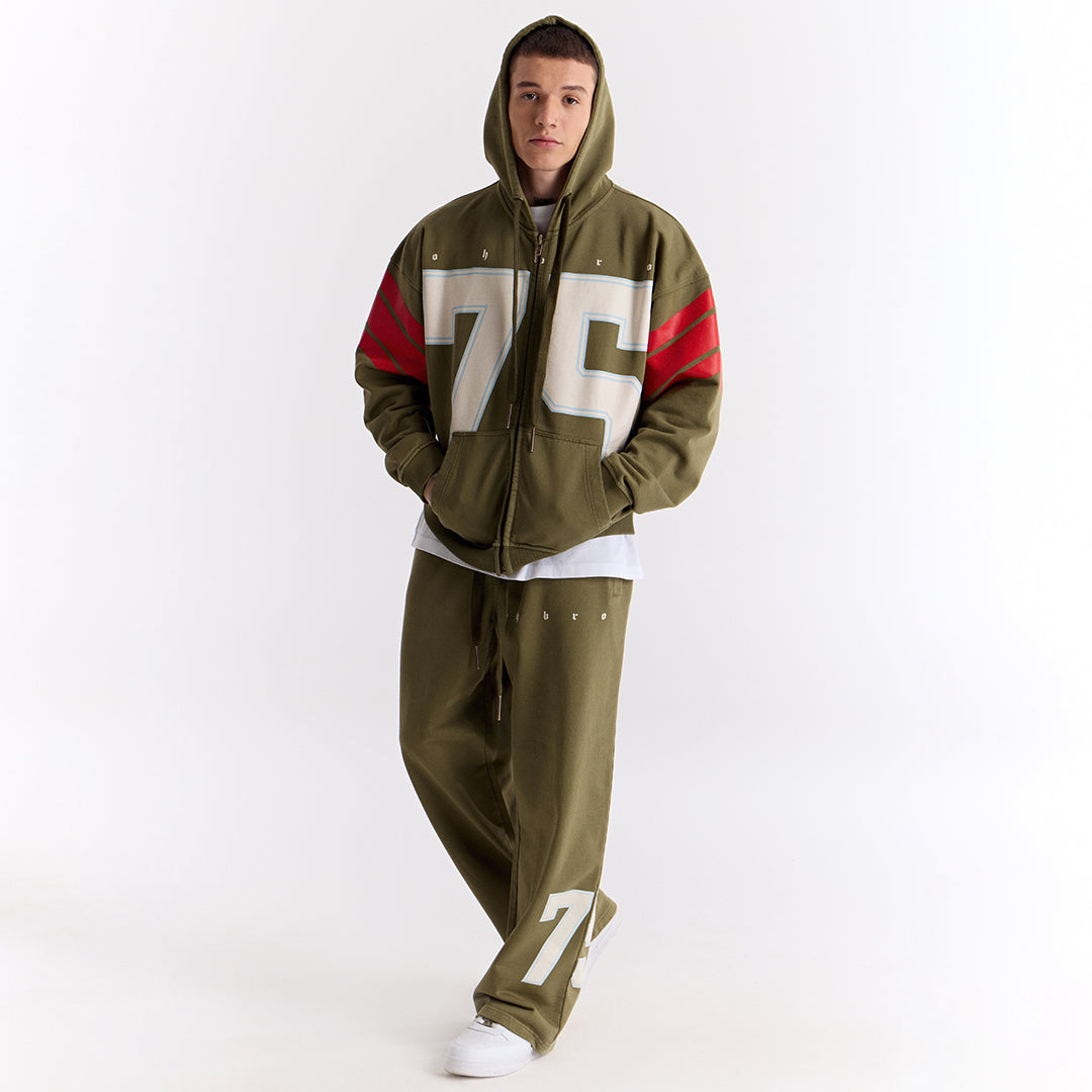 Haki 75 Baskılı Kapüşonlu Fermuarlı Oversize Sweatshirt