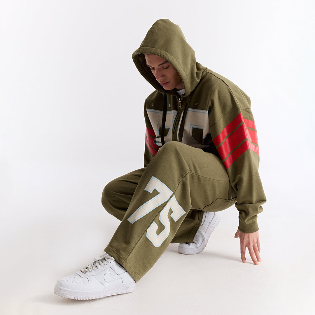 Haki 75 Baskılı Kapüşonlu Fermuarlı Oversize Sweatshirt