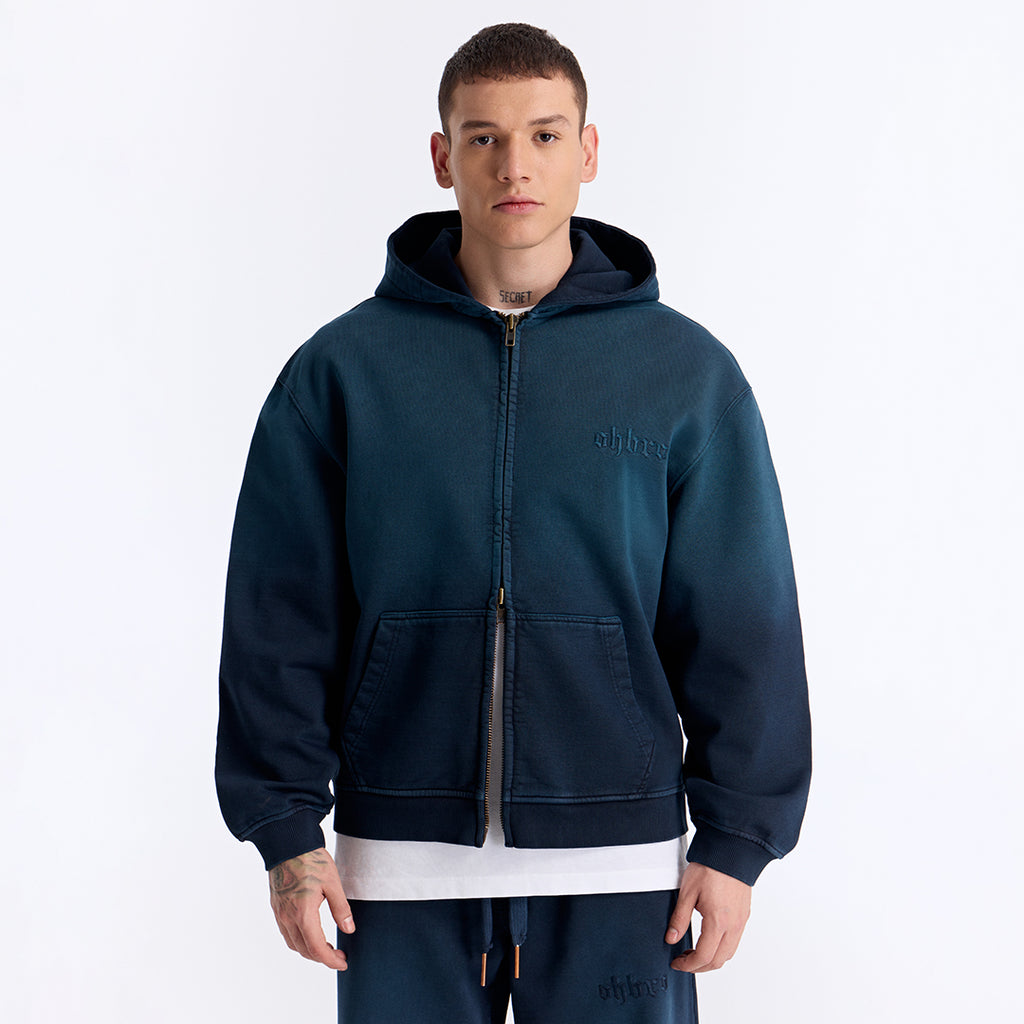 Sun Fade Lacivert Kapüşonlu Fermuarlı Boxy Fit Sweatshirt