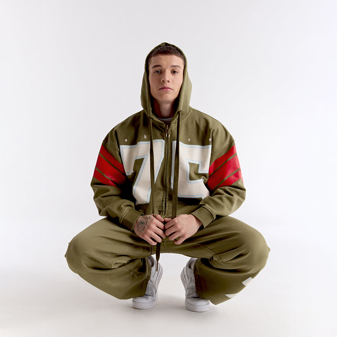 Haki 75 Baskılı Kapüşonlu Fermuarlı Oversize Sweatshirt
