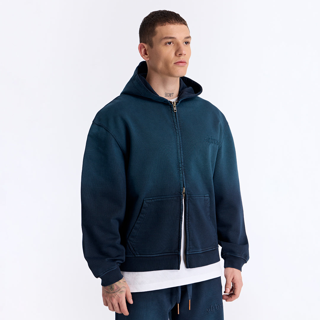 Sun Fade Lacivert Kapüşonlu Fermuarlı Boxy Fit Sweatshirt