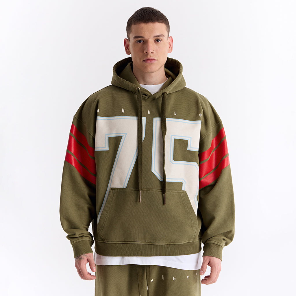 Haki 75 Baskılı Kapüşonlu Oversize Sweatshirt
