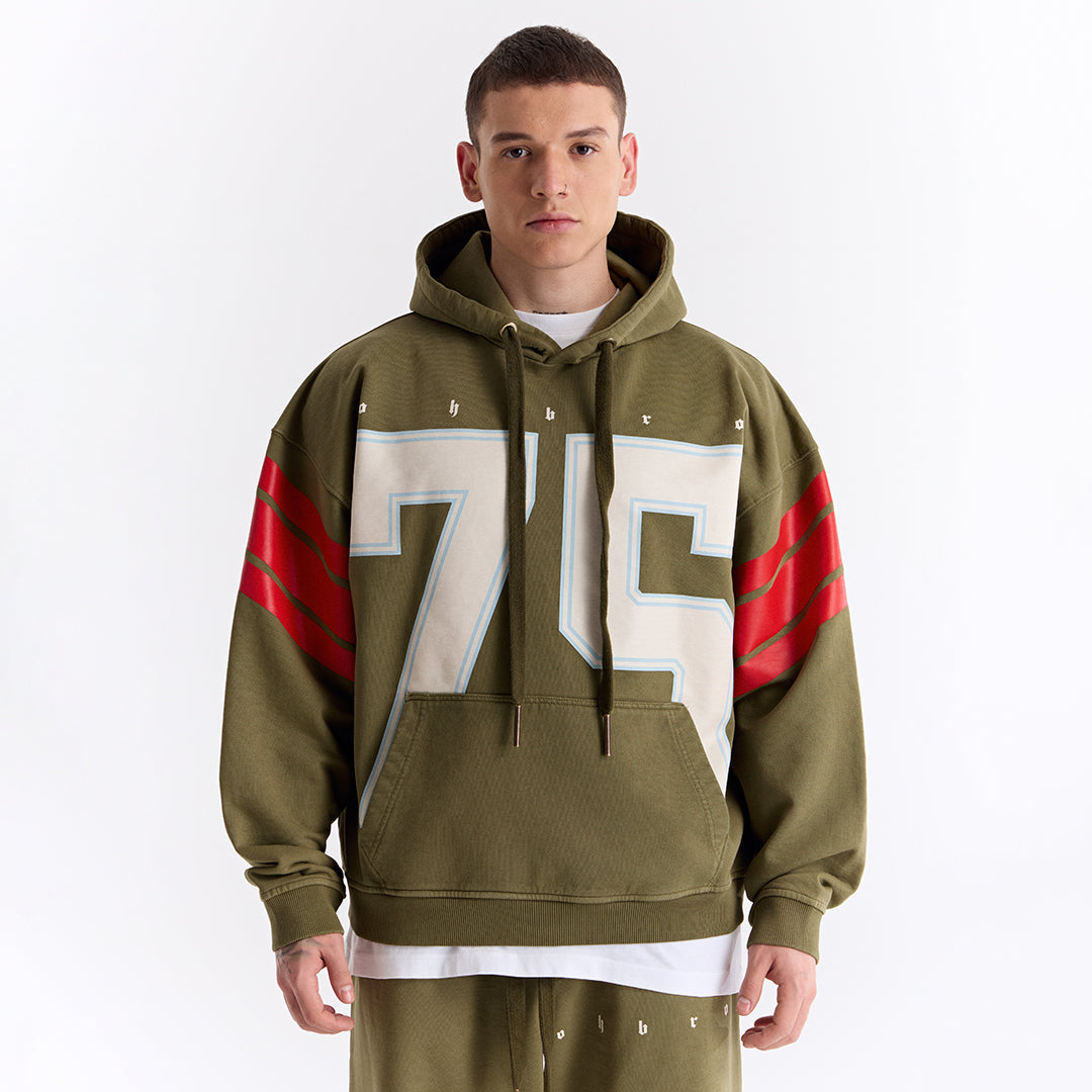 Haki 75 Baskılı Kapüşonlu Oversize Sweatshirt