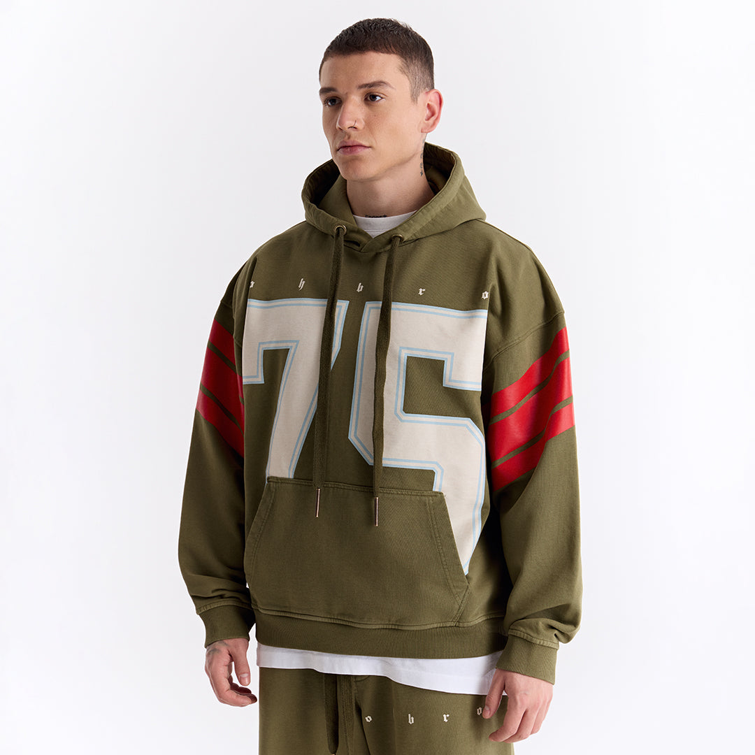 Haki 75 Baskılı Kapüşonlu Oversize Sweatshirt