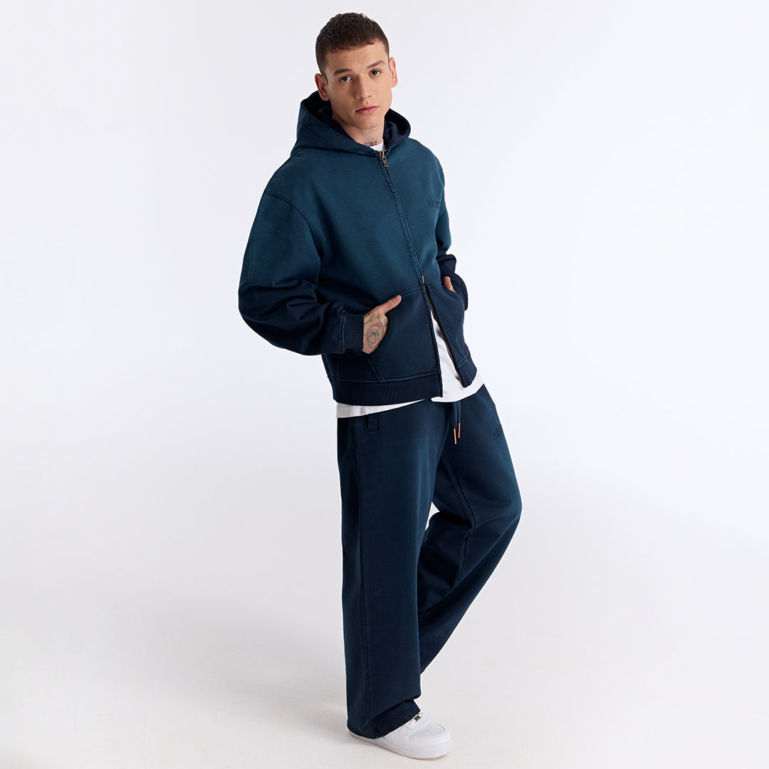 Sun Fade Lacivert Kapüşonlu Fermuarlı Boxy Fit Sweatshirt