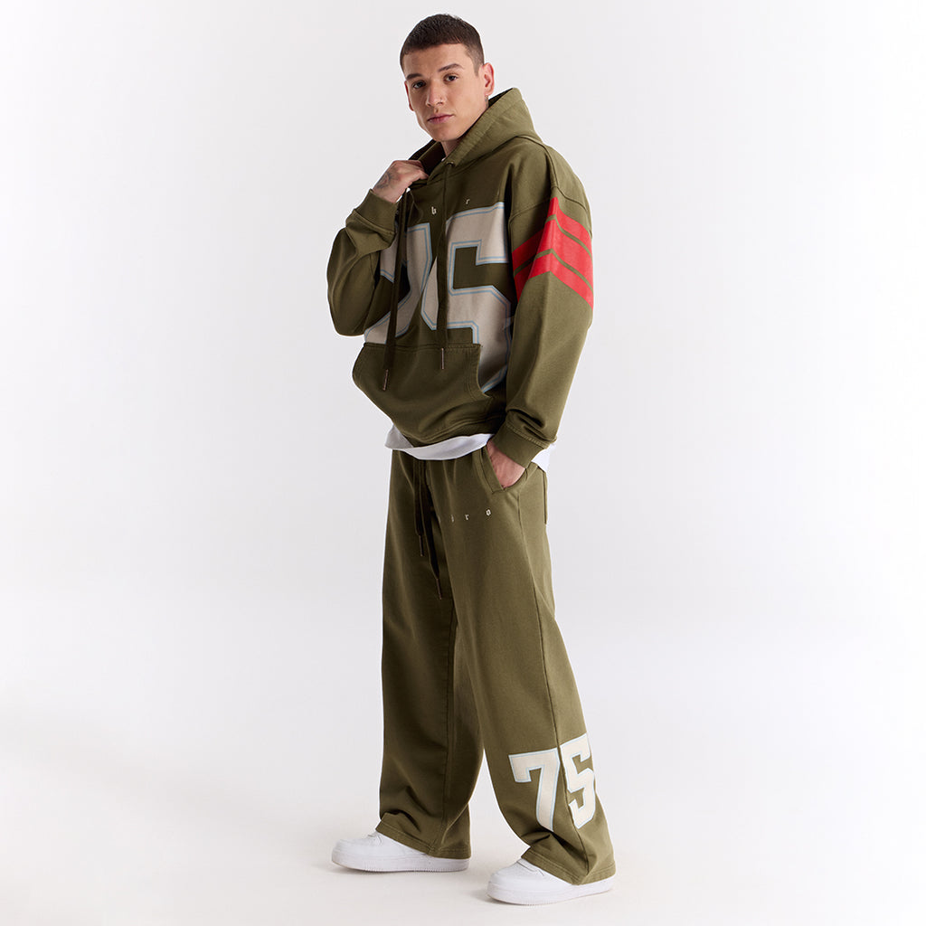 Haki 75 Baskılı Kapüşonlu Oversize Sweatshirt