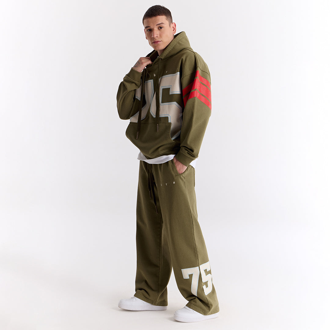 Haki 75 Baskılı Kapüşonlu Oversize Sweatshirt