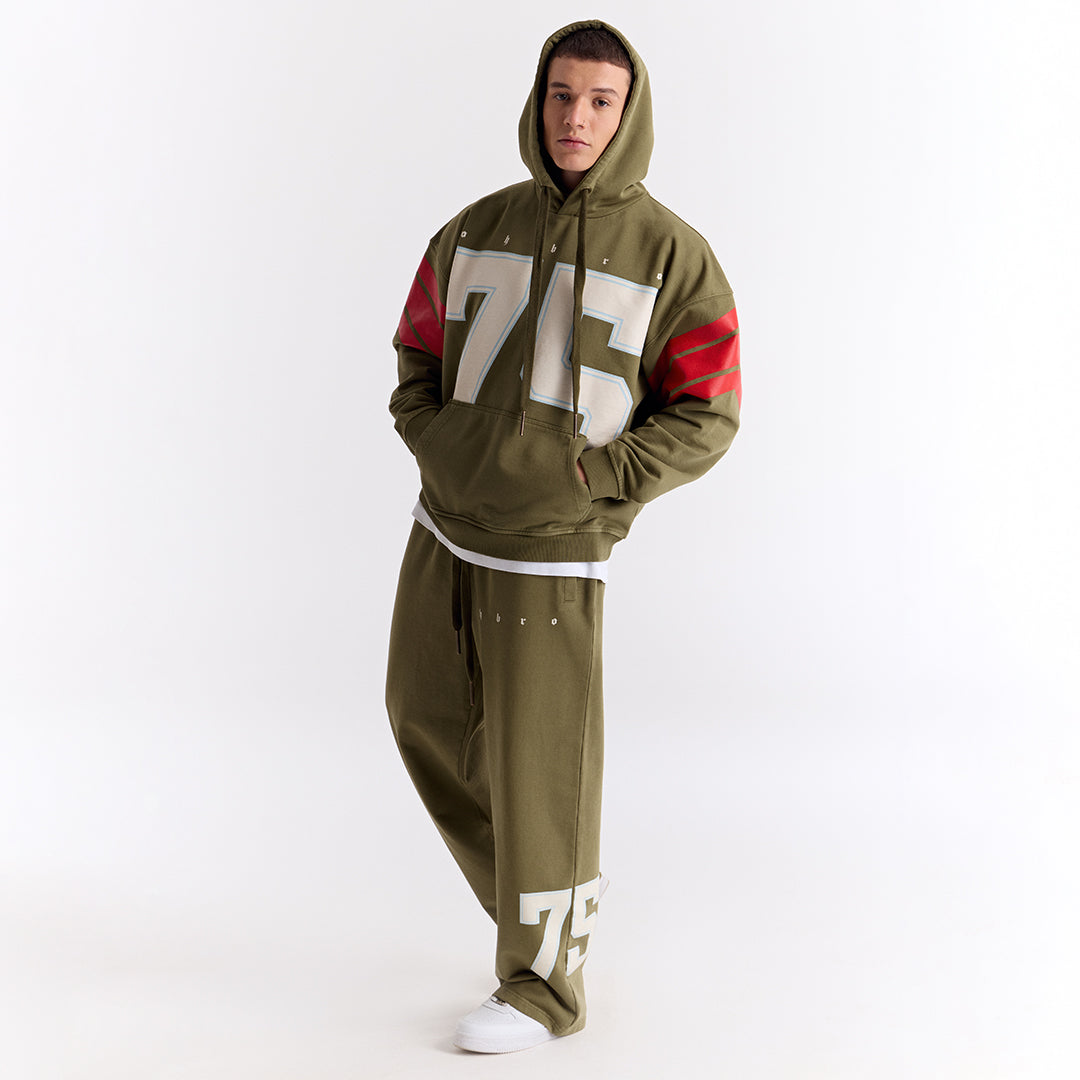Haki 75 Baskılı Kapüşonlu Oversize Sweatshirt