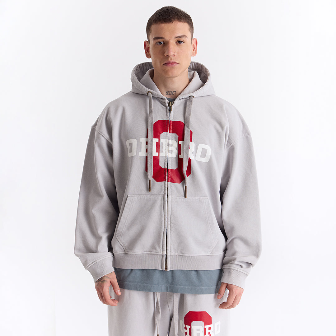 Gri Kolej Baskılı Kapüşonlu Fermuarlı Oversize Sweatshirt