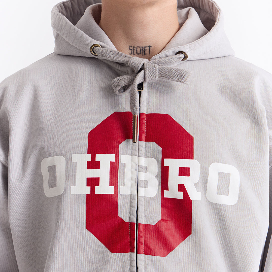 Gri Kolej Baskılı Kapüşonlu Fermuarlı Oversize Sweatshirt
