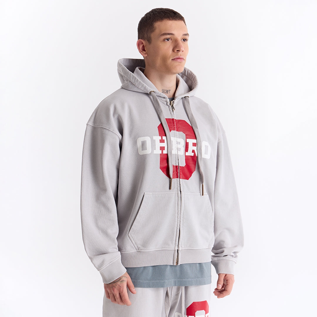 Gri Kolej Baskılı Kapüşonlu Fermuarlı Oversize Sweatshirt