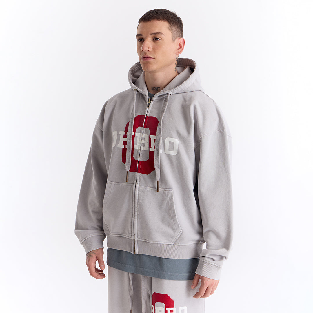 Gri Kolej Baskılı Kapüşonlu Fermuarlı Oversize Sweatshirt