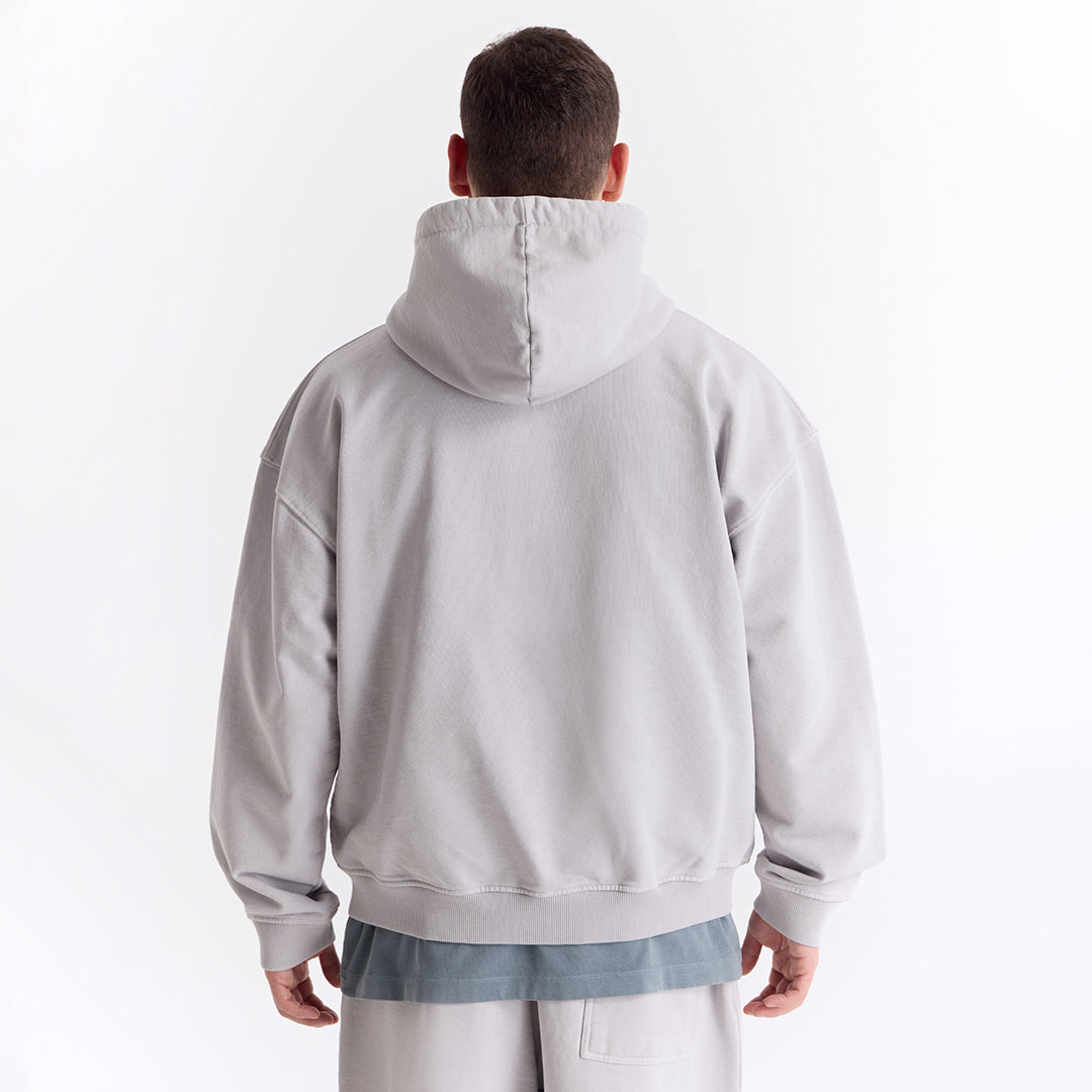 Gri Kolej Baskılı Kapüşonlu Fermuarlı Oversize Sweatshirt