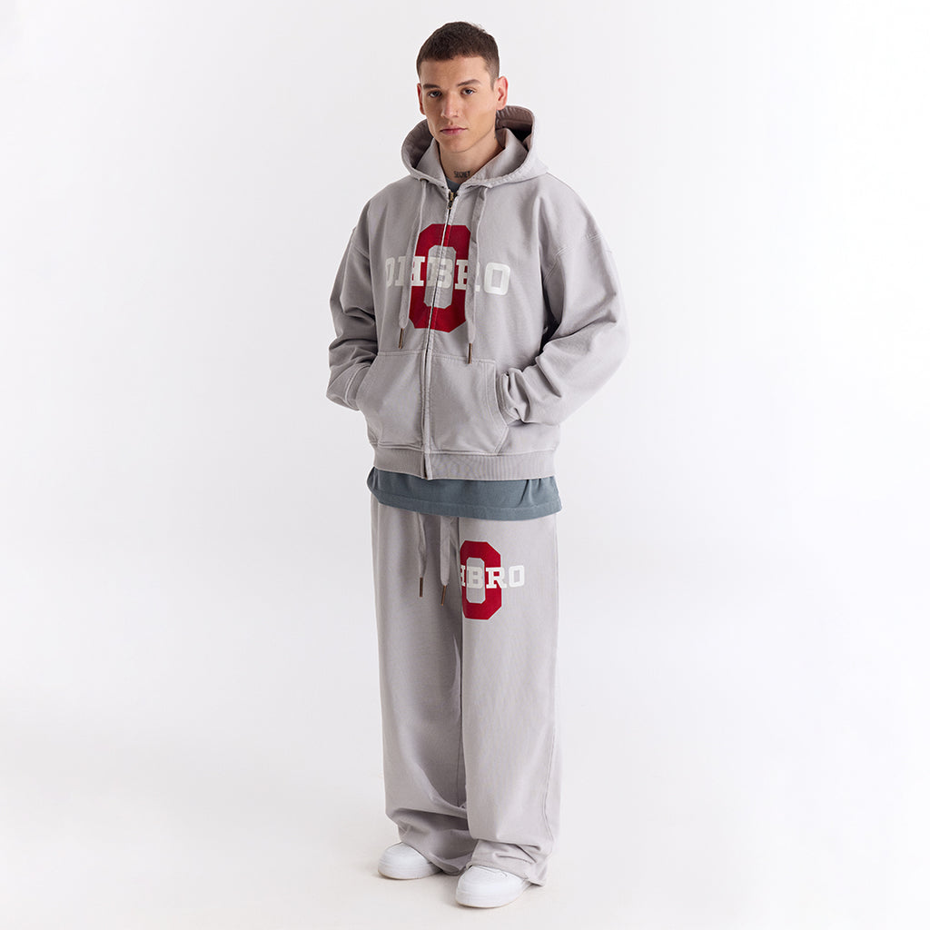 Gri Kolej Baskılı Kapüşonlu Fermuarlı Oversize Sweatshirt