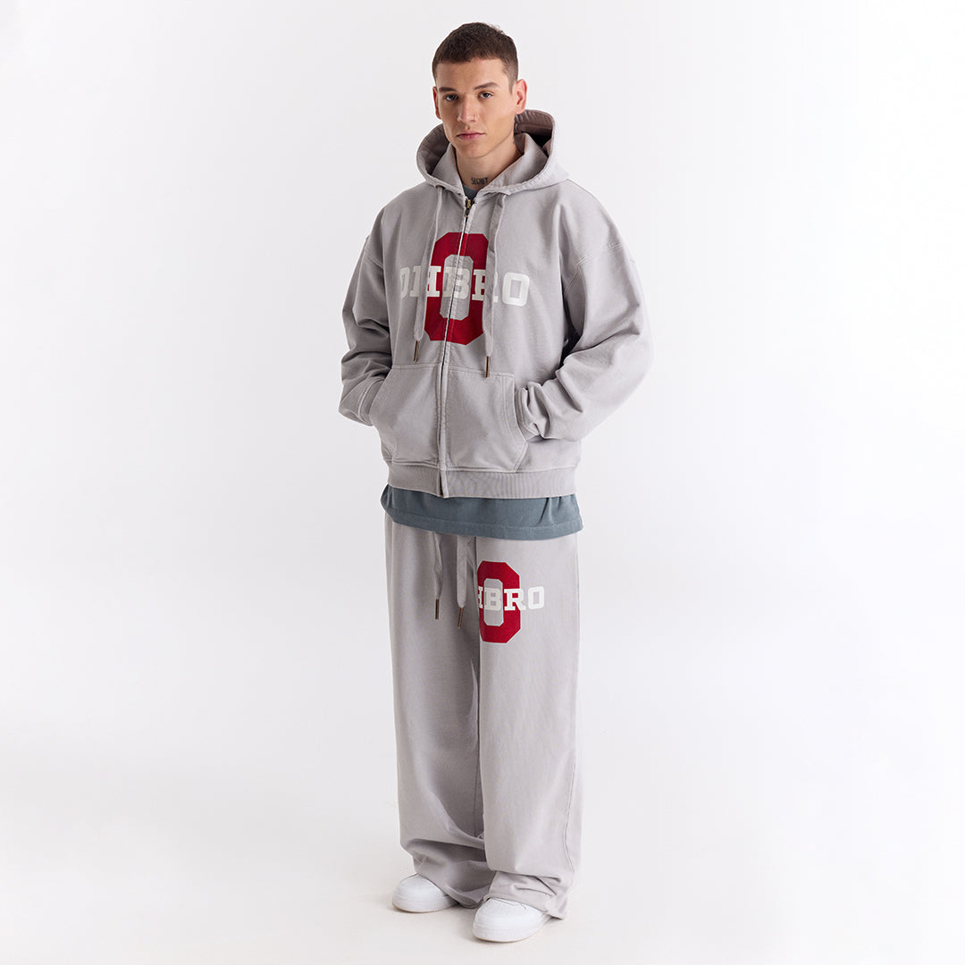 Gri Kolej Baskılı Kapüşonlu Fermuarlı Oversize Sweatshirt
