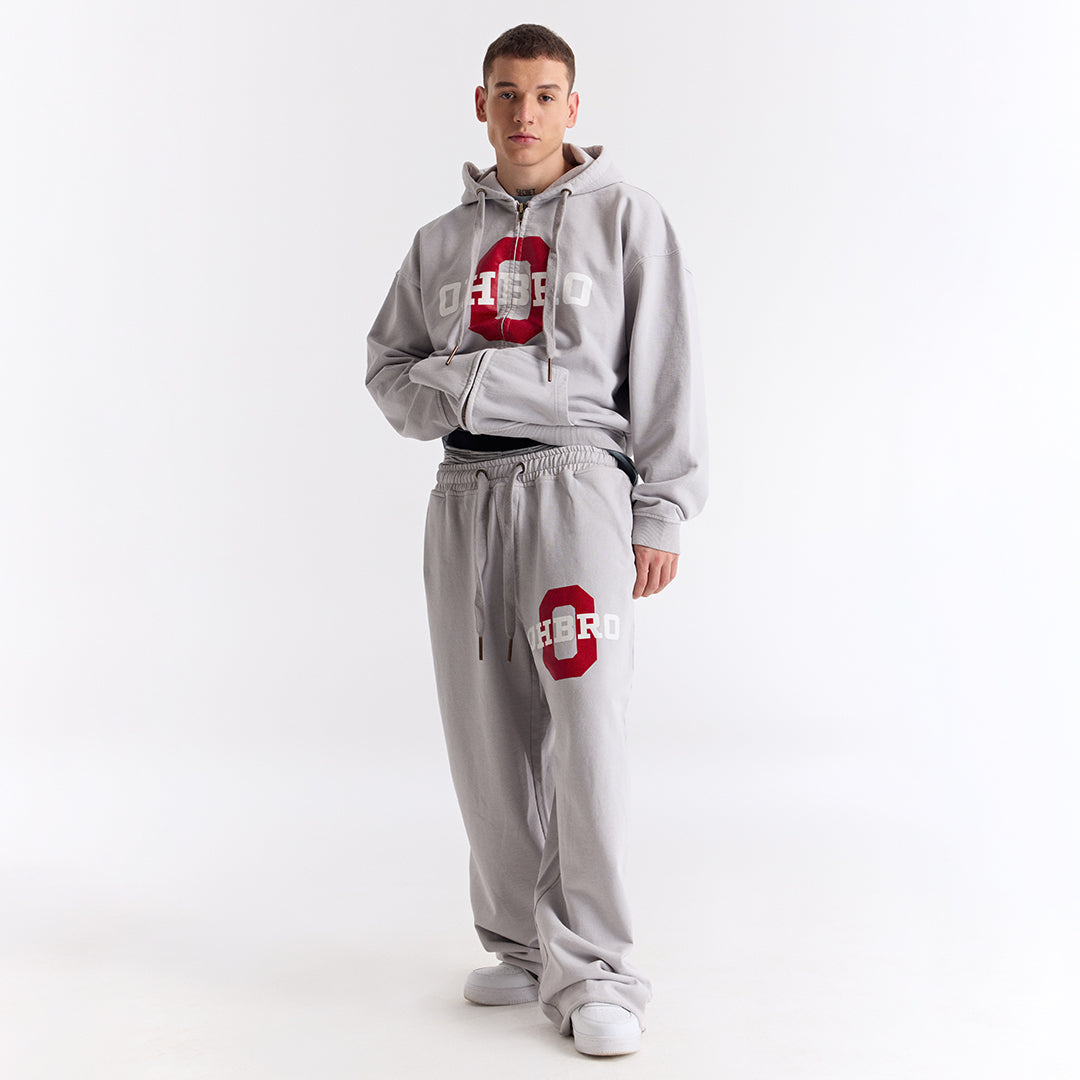 Gri Kolej Baskılı Kapüşonlu Fermuarlı Oversize Sweatshirt