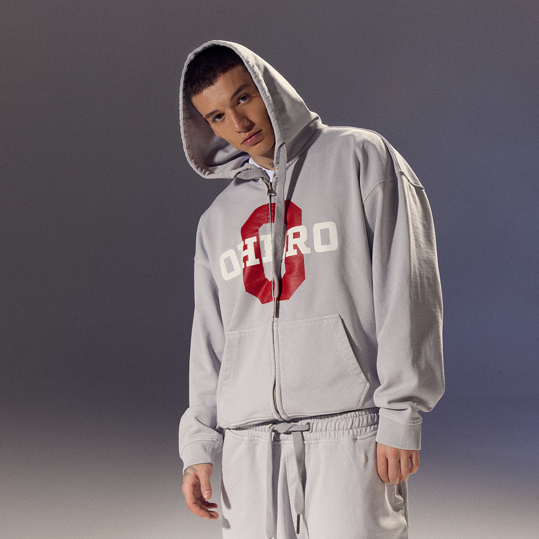 Gri Kolej Baskılı Kapüşonlu Fermuarlı Oversize Sweatshirt