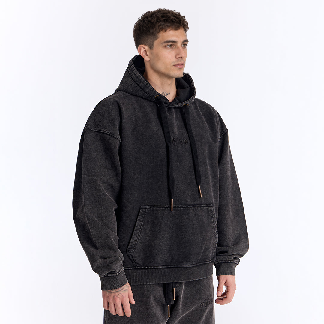 Siyah Yıkamalı Kapüşonlu Oversize Sweatshirt