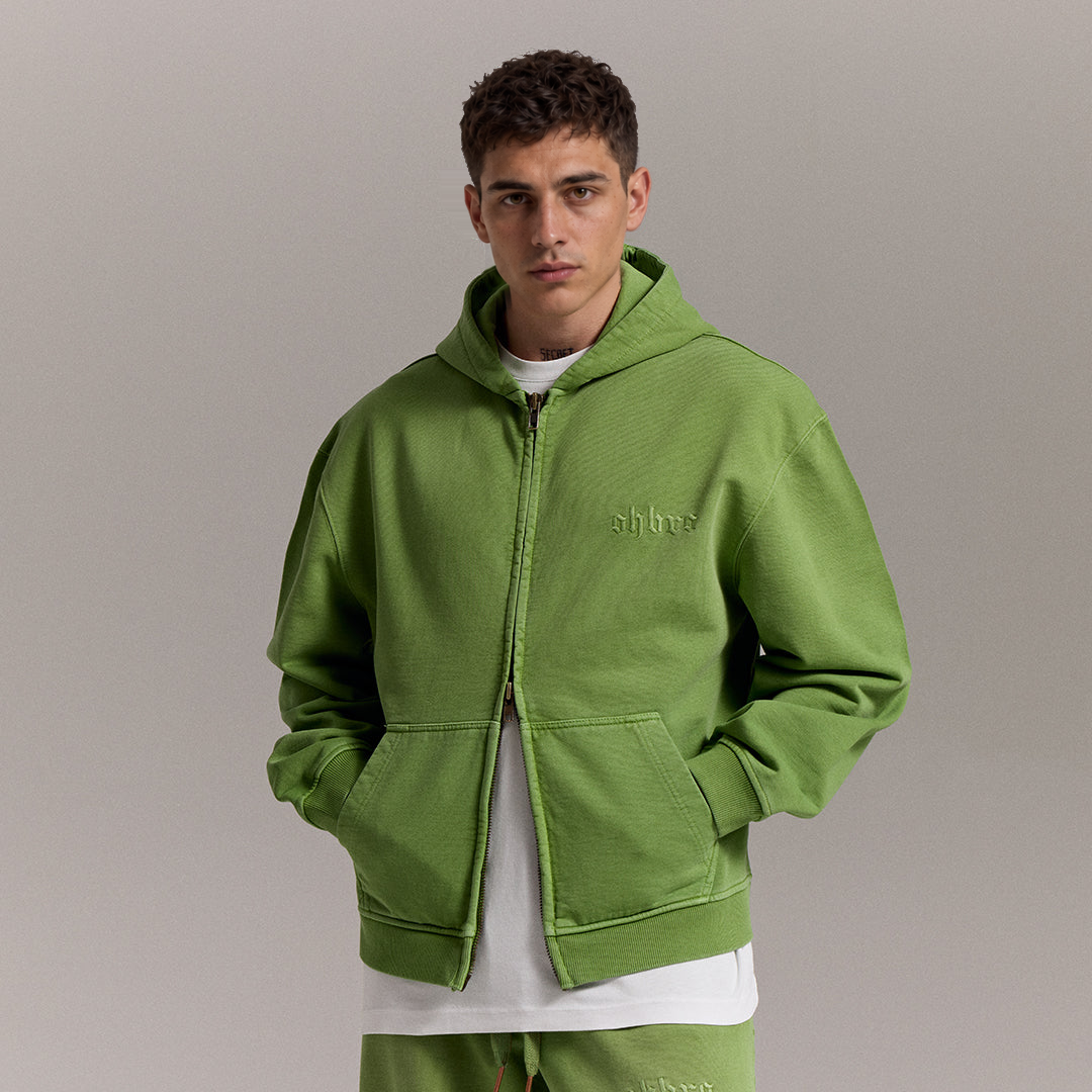 Sun Fade Yeşil Kapüşonlu Fermuarlı Boxy Fit Sweatshirt