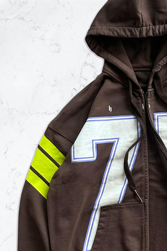 Kahverengi 75 Baskılı Kapüşonlu Fermuarlı Oversize Sweatshirt