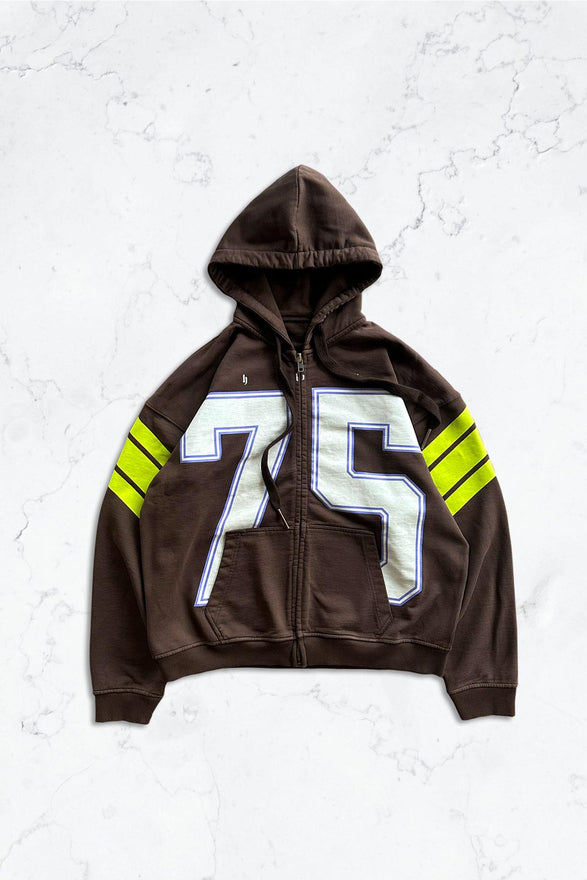 Kahverengi 75 Baskılı Kapüşonlu Fermuarlı Oversize Sweatshirt