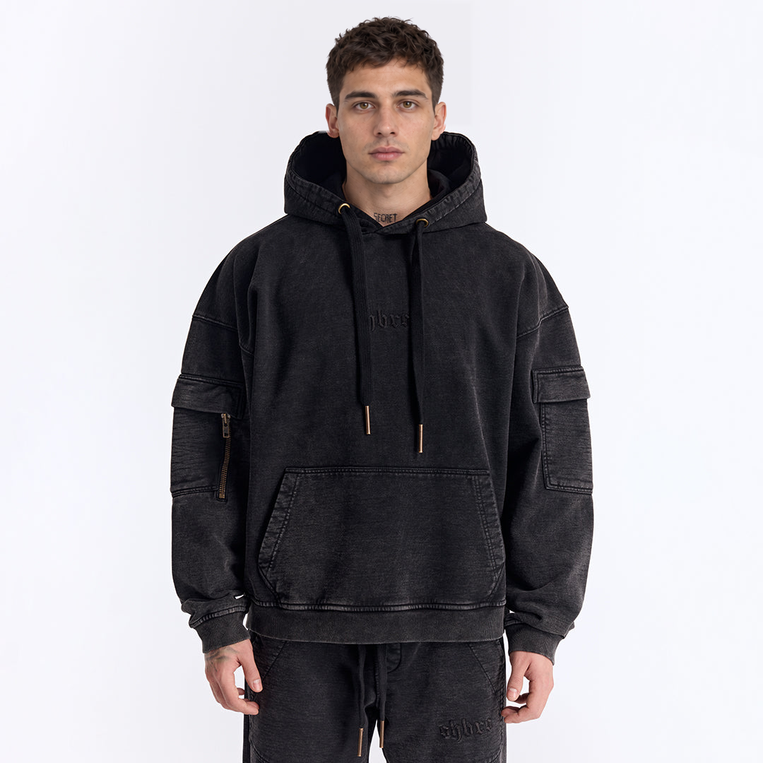 Siyah Yıkamalı Kapüşonlu Oversize Cep Detaylı Sweatshirt