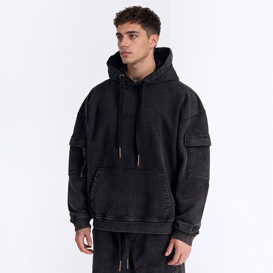 Siyah Yıkamalı Kapüşonlu Oversize Cep Detaylı Sweatshirt