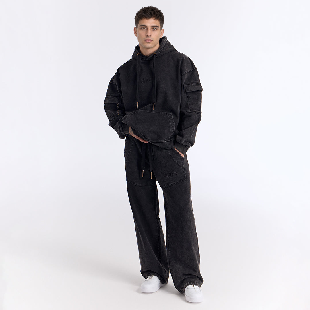 Siyah Yıkamalı Kapüşonlu Oversize Cep Detaylı Sweatshirt