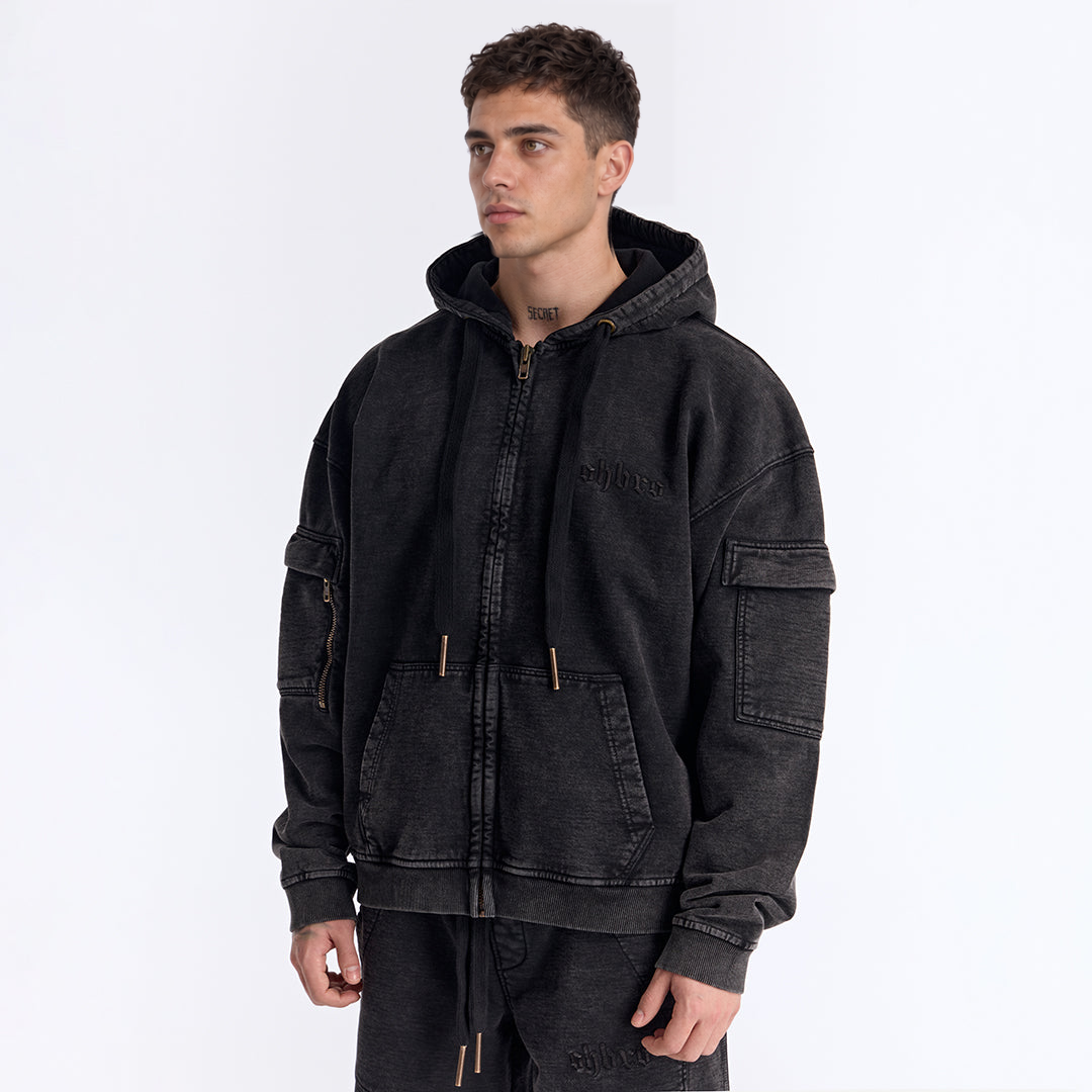 Siyah Yıkamalı Kapüşonlu Fermuarlı Oversize Cep Detaylı Sweatshirt
