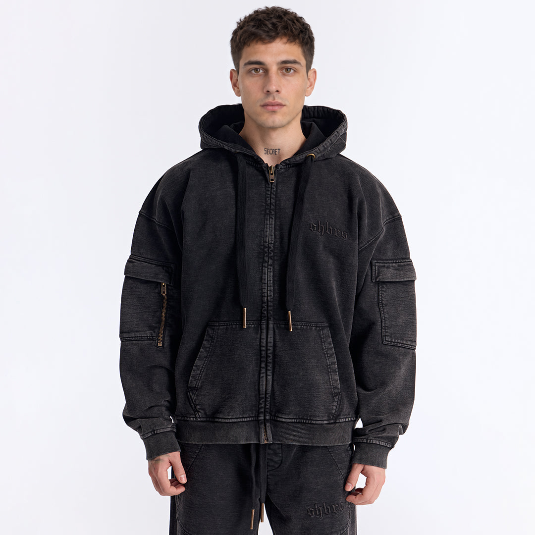 Siyah Yıkamalı Kapüşonlu Fermuarlı Oversize Cep Detaylı Sweatshirt