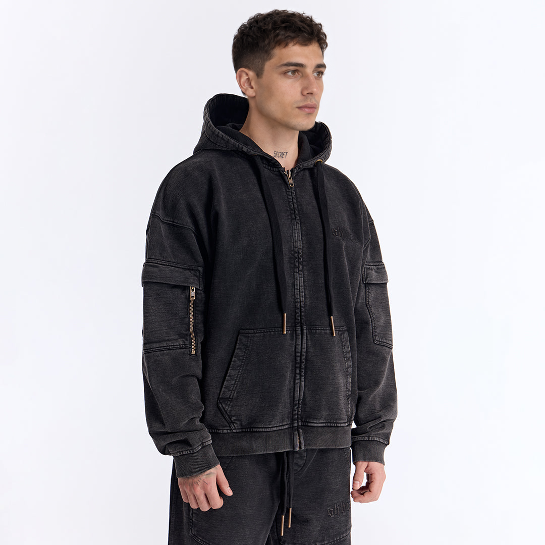 Siyah Yıkamalı Kapüşonlu Fermuarlı Oversize Cep Detaylı Sweatshirt