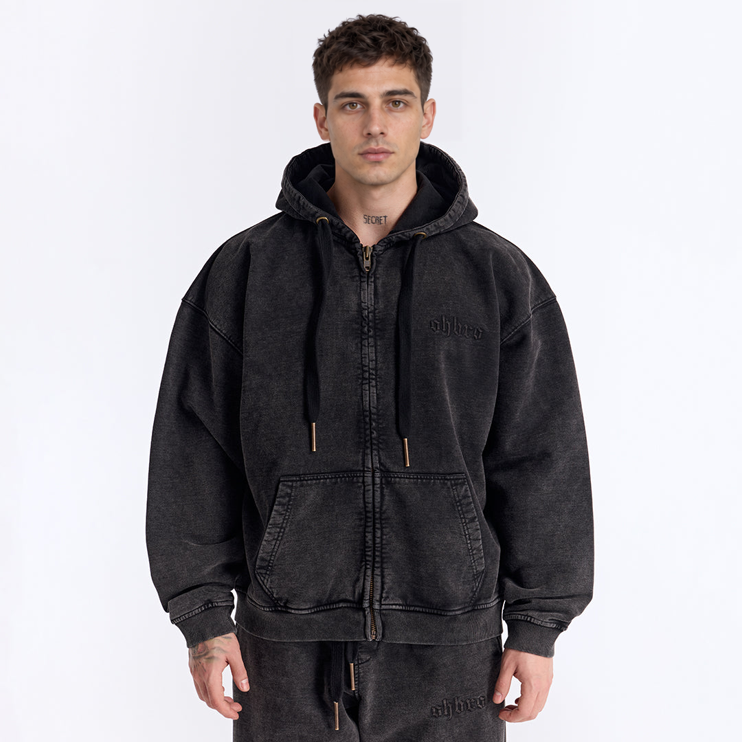 Siyah Yıkamalı Kapüşonlu Fermuarlı Oversize Sweatshirt