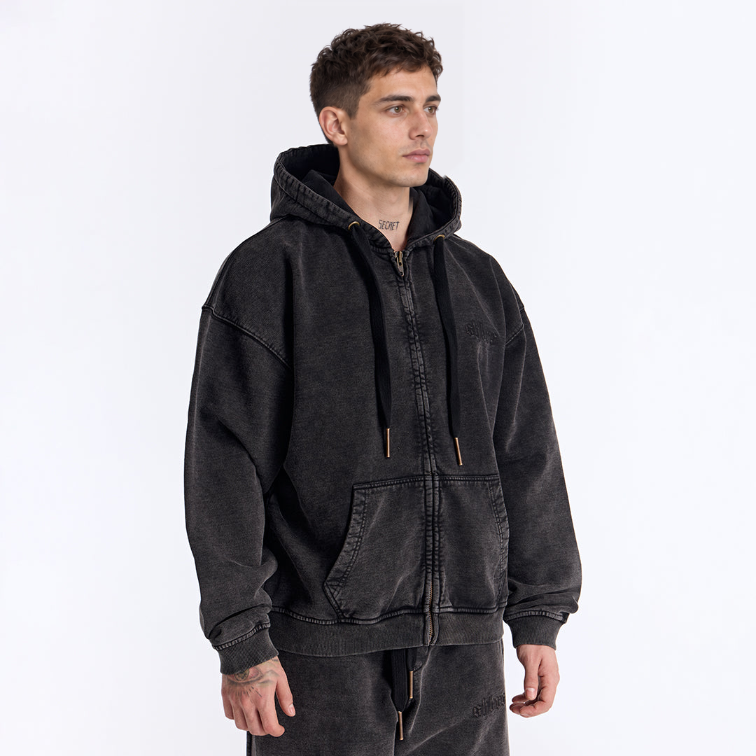 Siyah Yıkamalı Kapüşonlu Fermuarlı Oversize Sweatshirt
