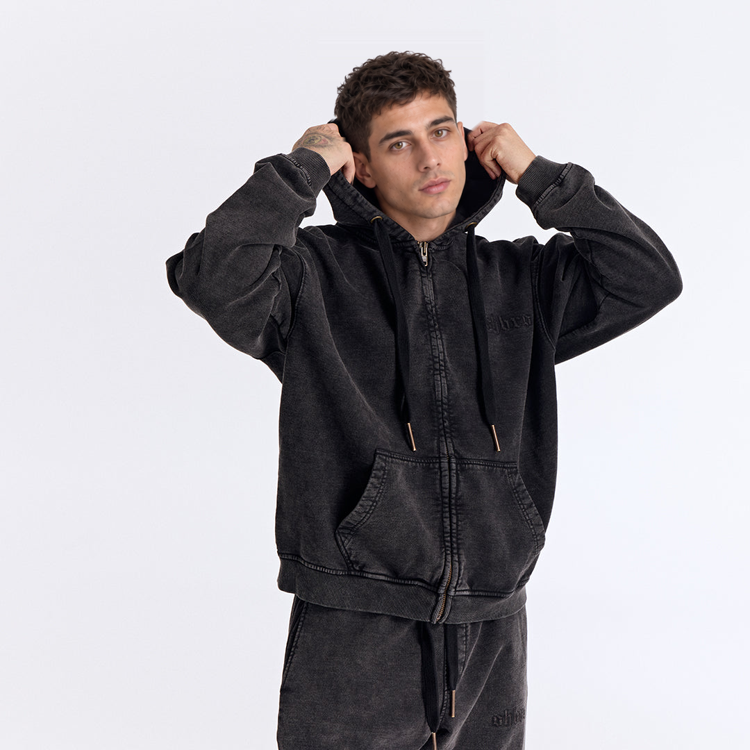 Siyah Yıkamalı Kapüşonlu Fermuarlı Oversize Sweatshirt