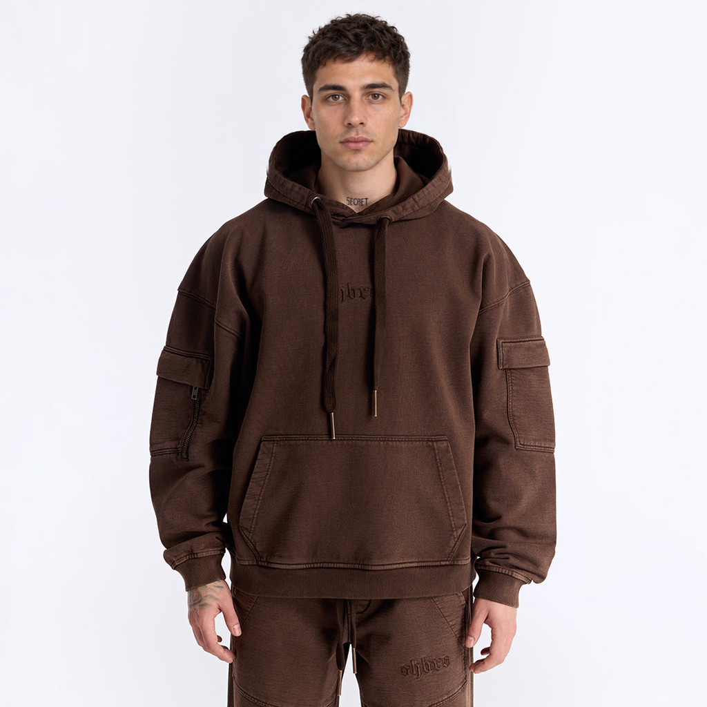 Kahverengi Yıkamalı Kapüşonlu Oversize Cep Detaylı Sweatshirt