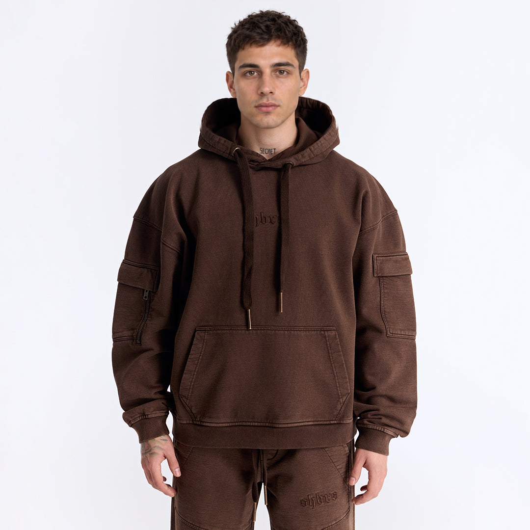 Kahverengi Yıkamalı Kapüşonlu Oversize Cep Detaylı Sweatshirt