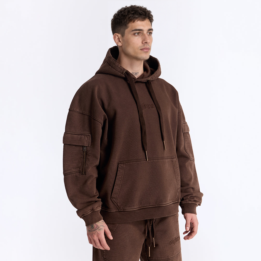 Kahverengi Yıkamalı Kapüşonlu Oversize Cep Detaylı Sweatshirt