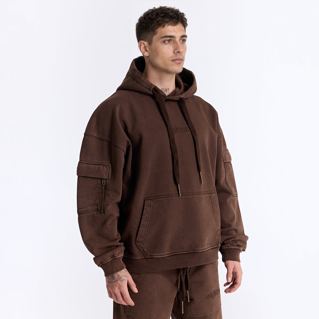 Kahverengi Yıkamalı Kapüşonlu Oversize Cep Detaylı Sweatshirt