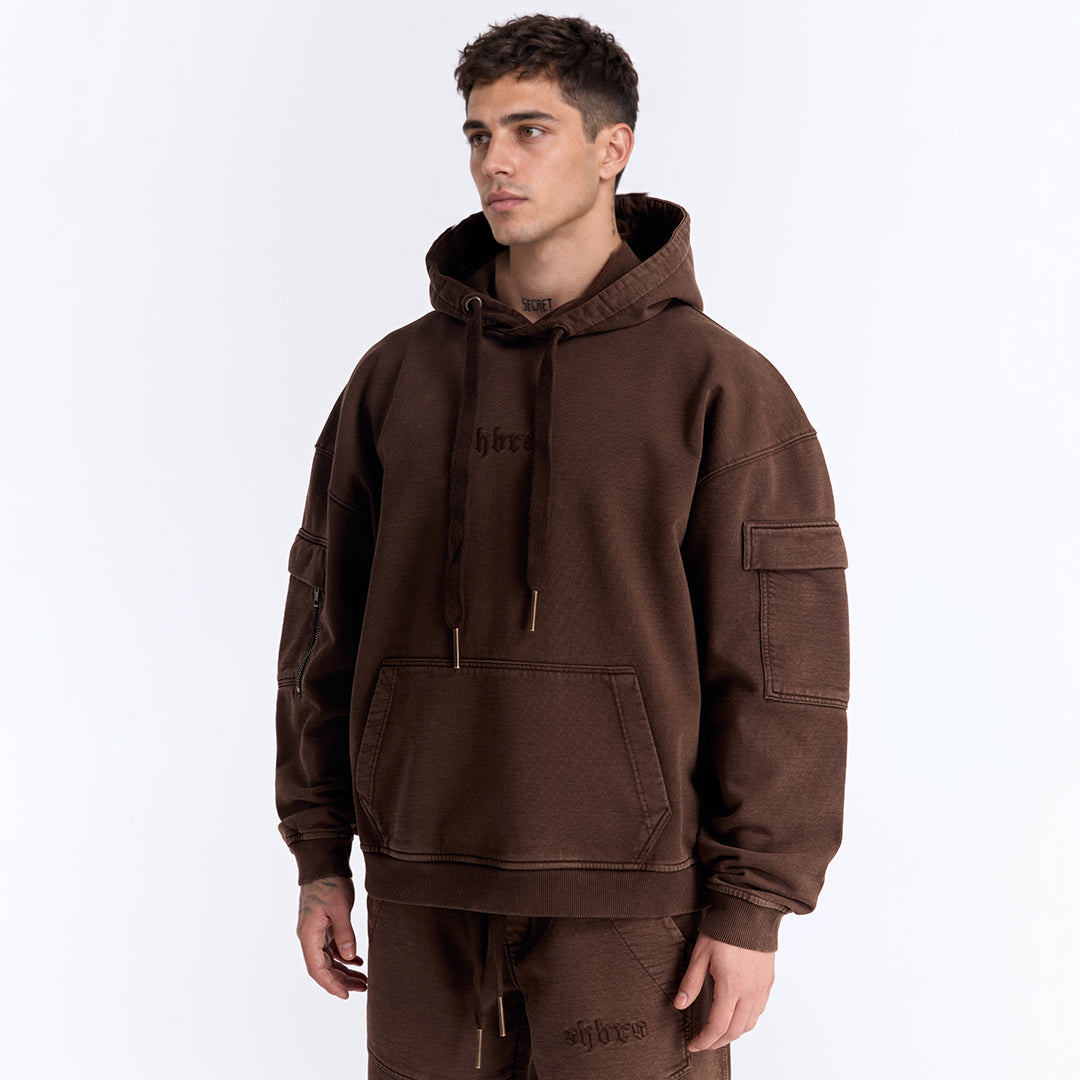 Kahverengi Yıkamalı Kapüşonlu Oversize Cep Detaylı Sweatshirt