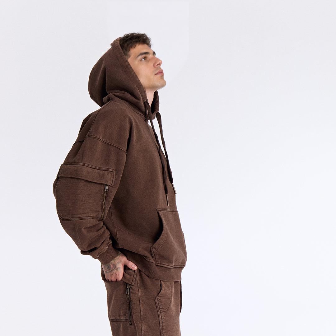 Kahverengi Yıkamalı Kapüşonlu Oversize Cep Detaylı Sweatshirt