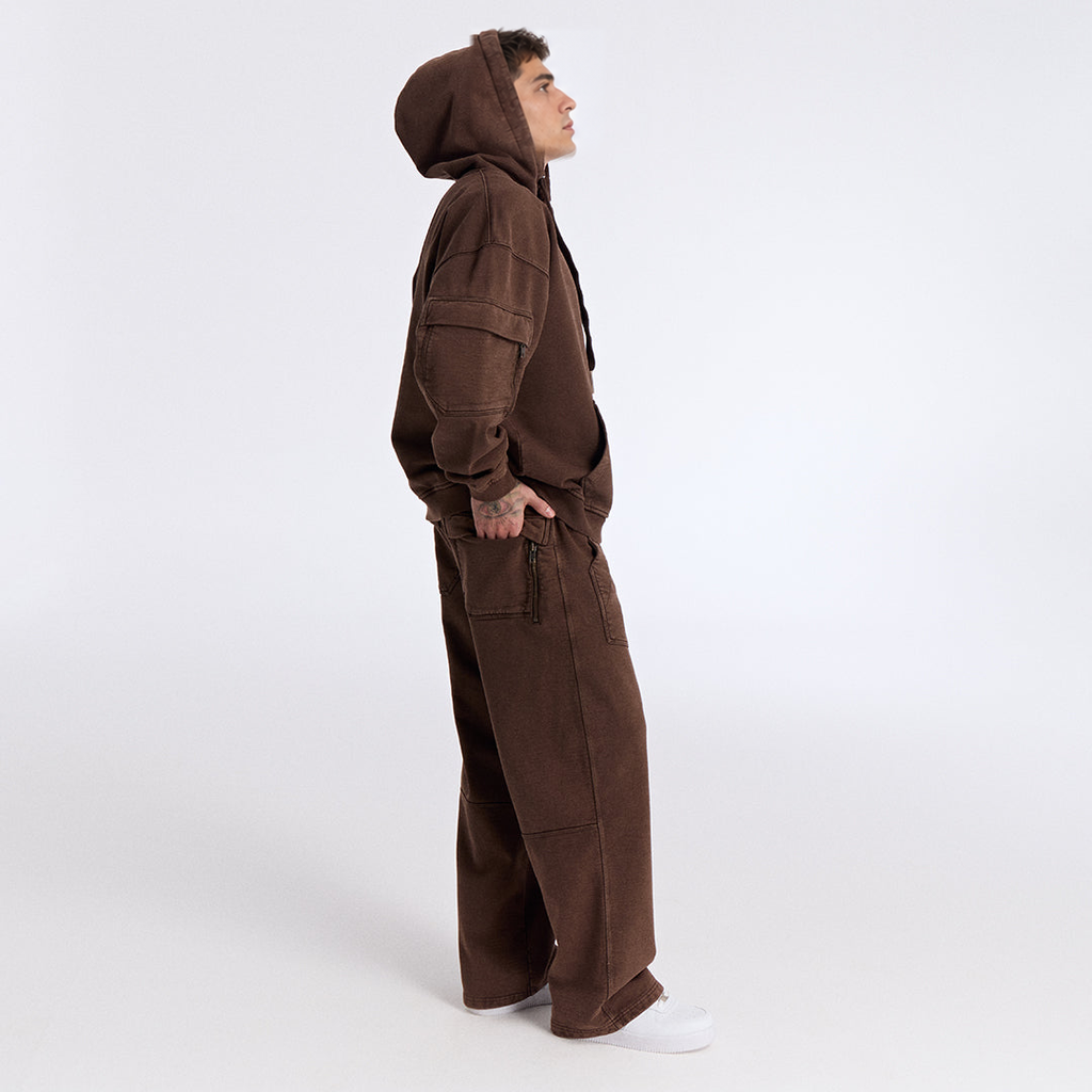 Kahverengi Yıkamalı Kapüşonlu Oversize Cep Detaylı Sweatshirt