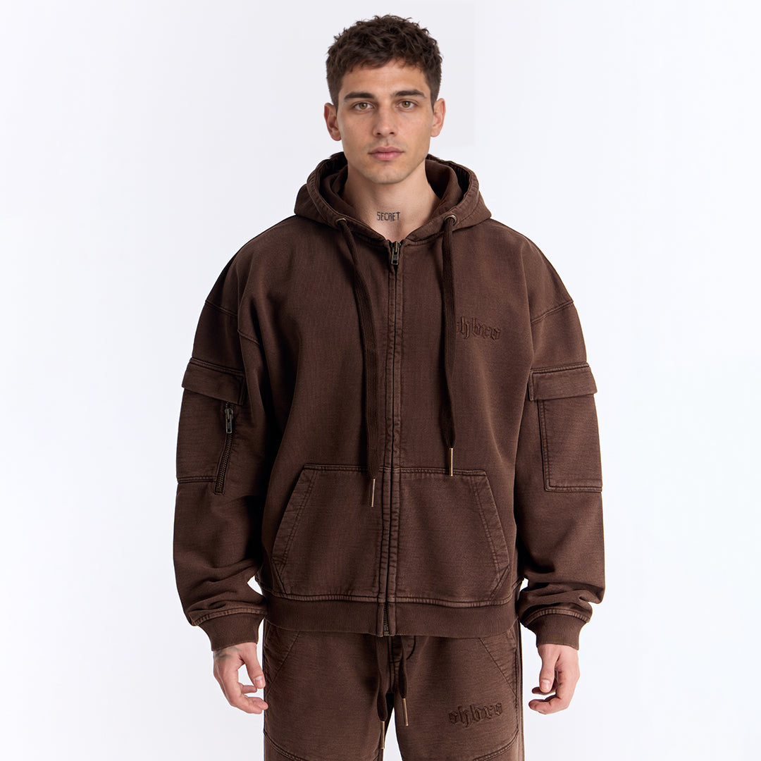 Kahverengi Yıkamalı Kapüşonlu Fermuarlı Oversize Cep Detaylı Sweatshirt