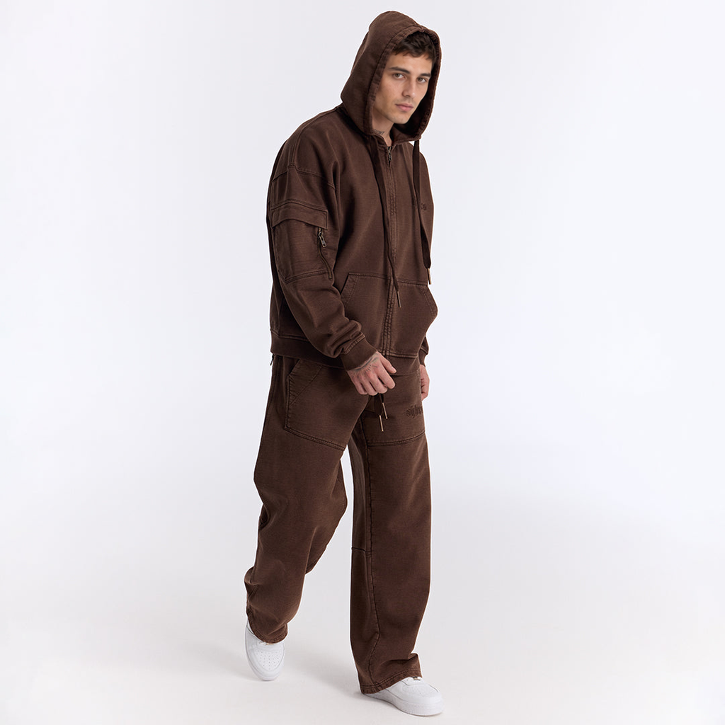 Kahverengi Yıkamalı Kapüşonlu Fermuarlı Oversize Cep Detaylı Sweatshirt