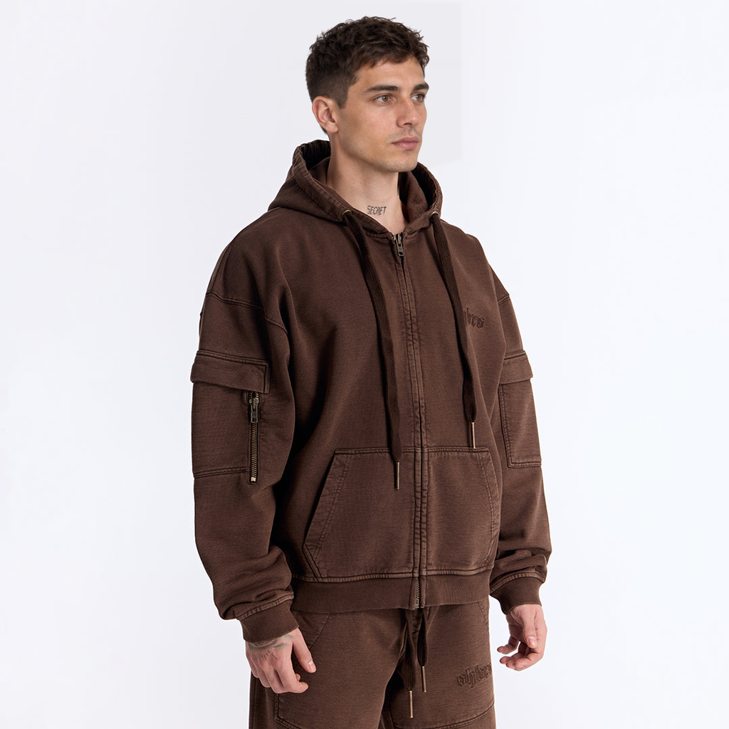 Kahverengi Yıkamalı Kapüşonlu Fermuarlı Oversize Cep Detaylı Sweatshirt