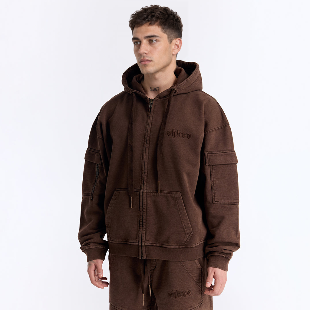 Kahverengi Yıkamalı Kapüşonlu Fermuarlı Oversize Cep Detaylı Sweatshirt