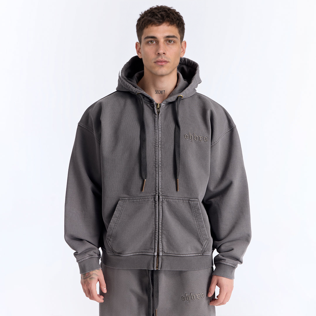 Gri Yıkamalı Kapüşonlu Fermuarlı Oversize Sweatshirt