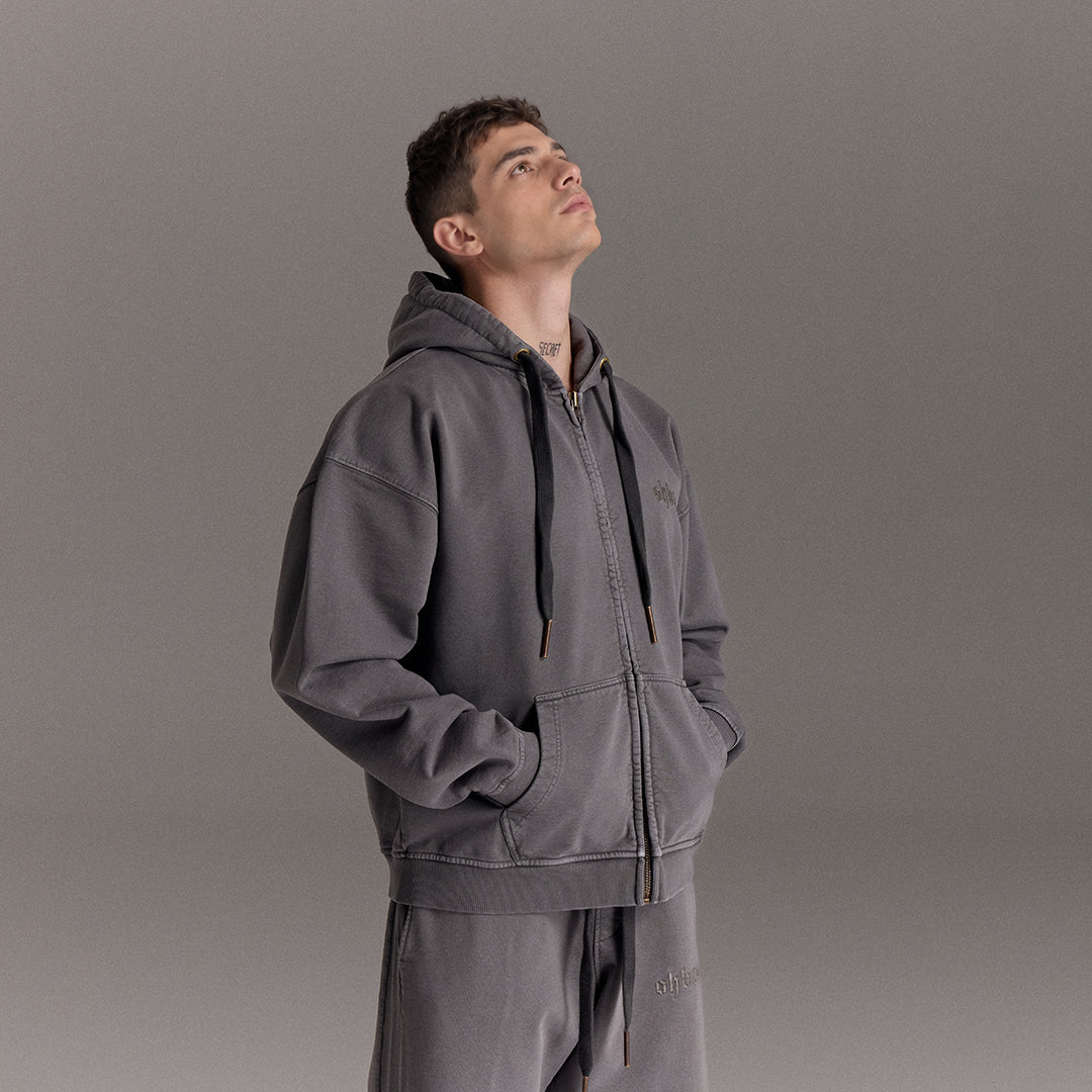 Gri Yıkamalı Kapüşonlu Fermuarlı Oversize Sweatshirt