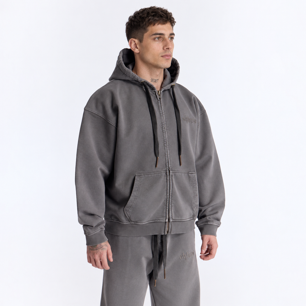 Gri Yıkamalı Kapüşonlu Fermuarlı Oversize Sweatshirt